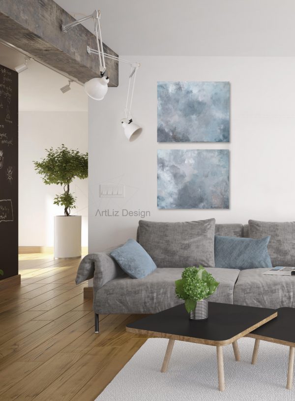 modern absztrakt akril festmény sorozat kék fehér fekete színben nappaliban